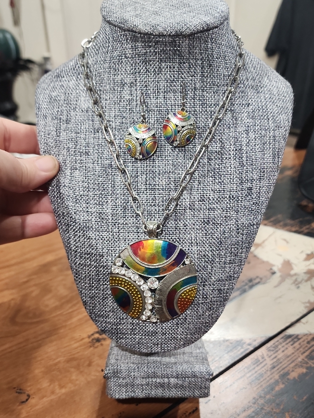 Rainbow Enamel Abstract Pendant Necklace & Earrings Set Rhinestone Silver Tone